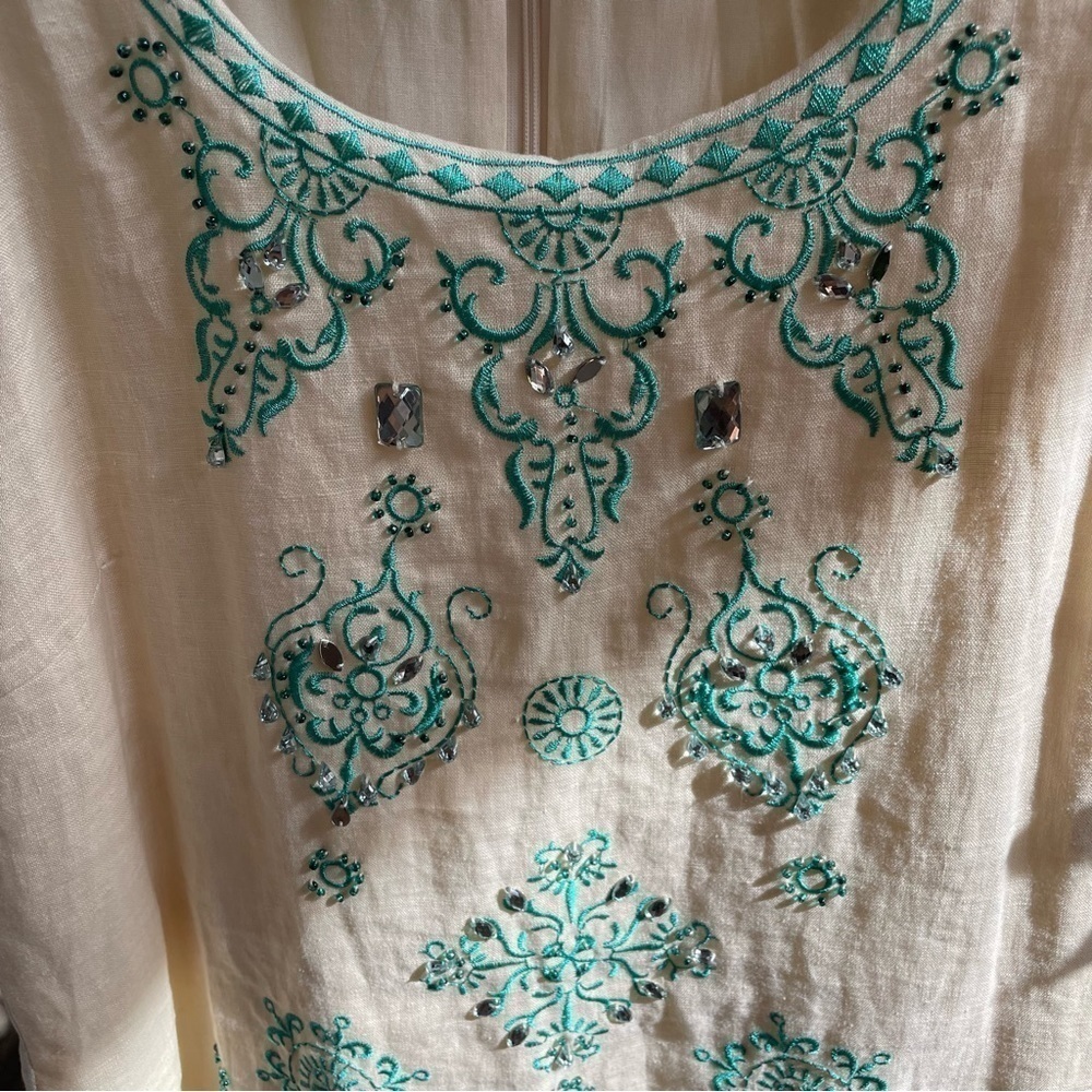 Linen Embroidered Sheath Rhinestone Dress - Picture 5 of 5
